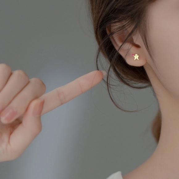 Sterling Silver Cute Gold Gingerbread Cookies Pink Rhinestones Holiday Stud Earr - Picture 3 of 5